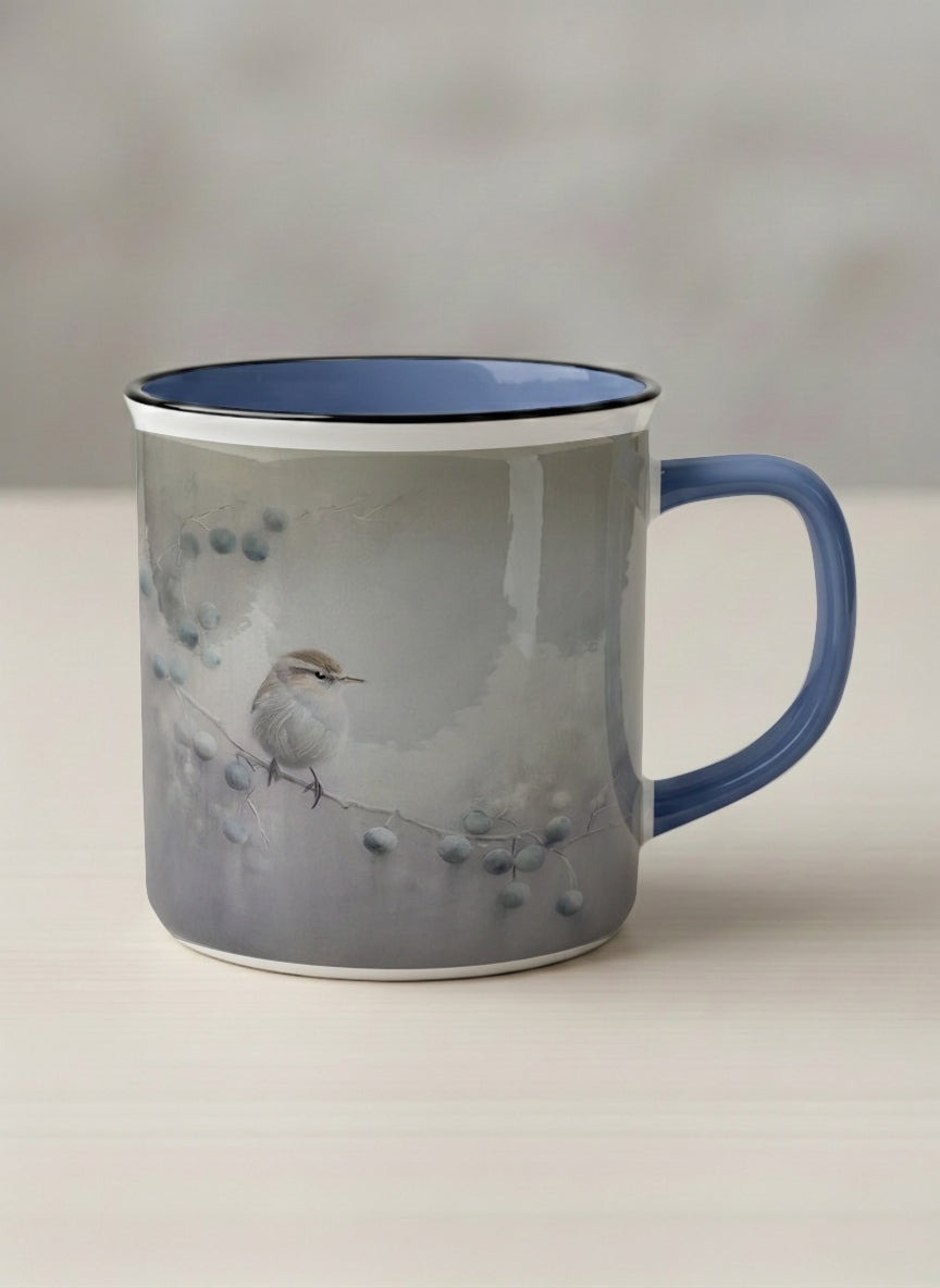 enamel mug | A Quiet Moment mug, solitary bird perched in a soft misty landscape with delicate dot details, dusty blue interior and handle, by Karina Mosser - Gallery By Inhesion