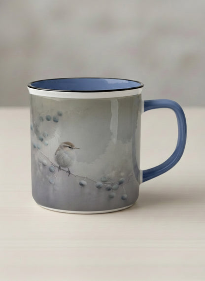 enamel mug | A Quiet Moment mug, solitary bird perched in a soft misty landscape with delicate dot details, dusty blue interior and handle, by Karina Mosser - Gallery By Inhesion