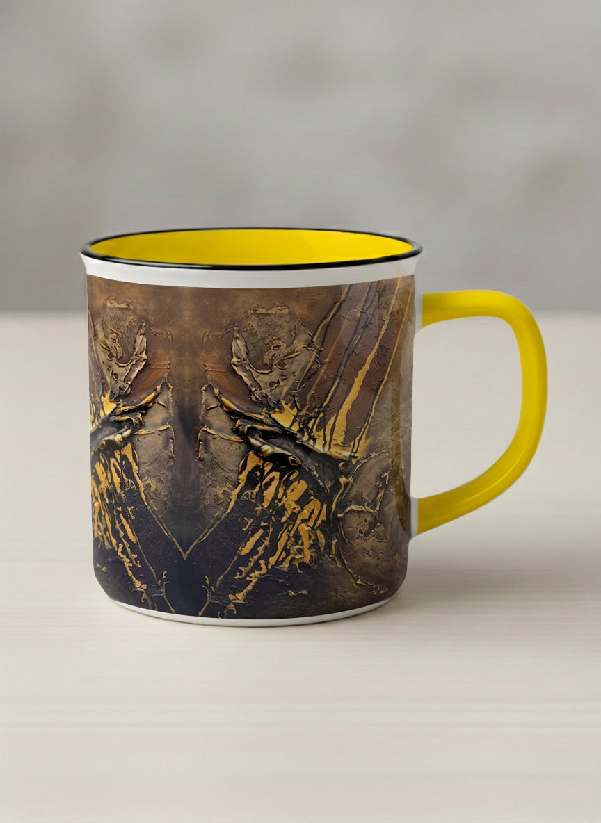 Enamel Mug | Unfolding Luminance mug showing abstract marbled pattern in brown, black, and gold tones by Mersedes Mein - Gallery By Inhesion