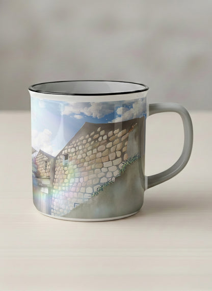 Enamel Mug | The Timeless Facade mug ancient stone walls rising under a bright blue sky with soft drifting clouds, clean pearl white interior and handle,  by Samuel Kwok Gallery By Inhesion