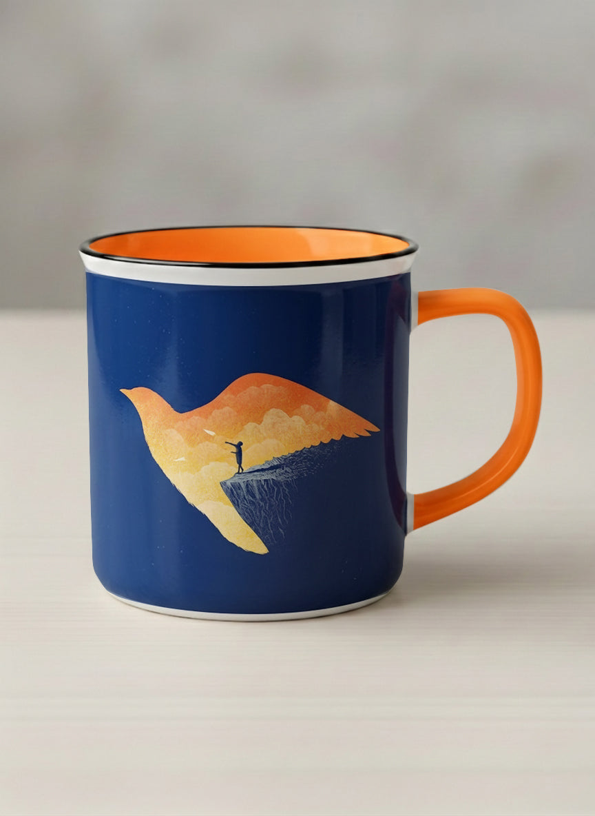 Enamel Mug | Dream Big mug with surreal flying bird illustration in sunset colors by Tang Yau Hoong - Gallery By Inhesion