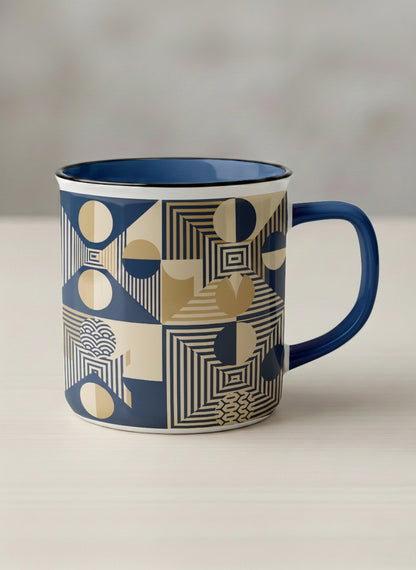 Enamel Mug | Fractured Horizon Drift mug, navy and gold geometric pattern, dark interior and handle, by Alan CL Lee - Gallery By Inhesion
