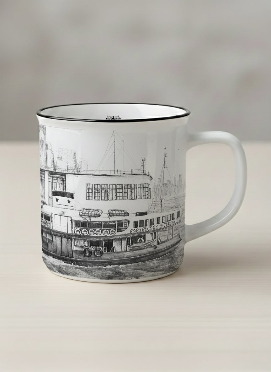 Enamel Mug | The Star of the Harbor mug showing a sketch of Star Ferry Pier in Hong Kong by Samuel Kwok - Gallery By Inhesion