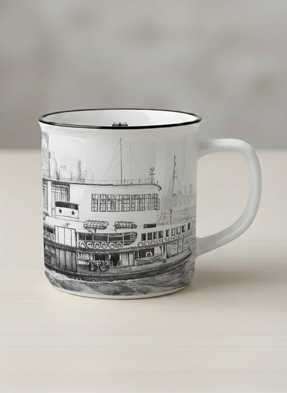 Enamel Mug | The Star of the Harbor mug showing a sketch of Star Ferry Pier in Hong Kong by Samuel Kwok - Gallery By Inhesion