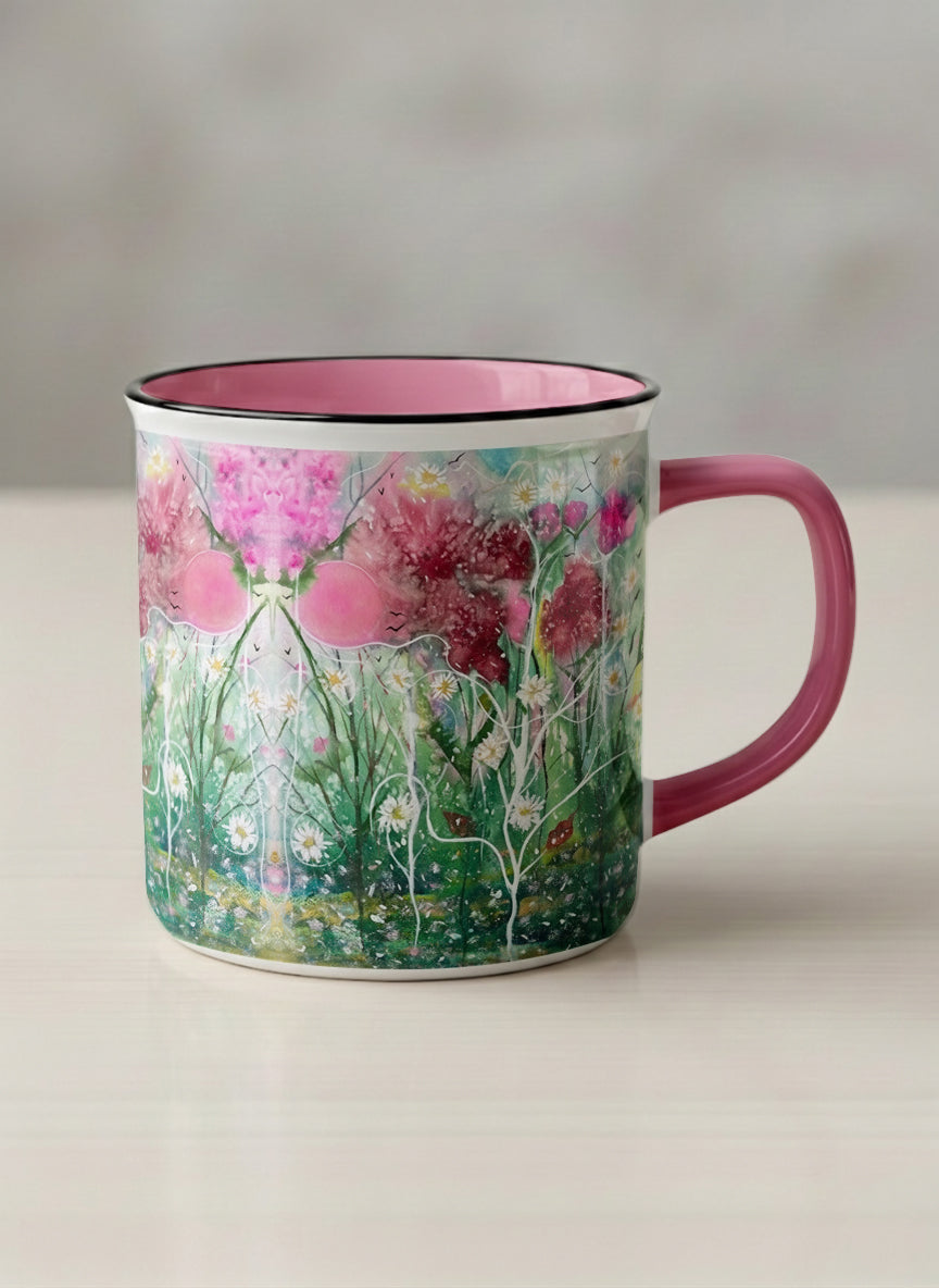 Enamel Mug | Nature’s waking up mug shows a floral design with colorful blossoms and lush greenery by Renee Pupetz - Gallery By Inhesion