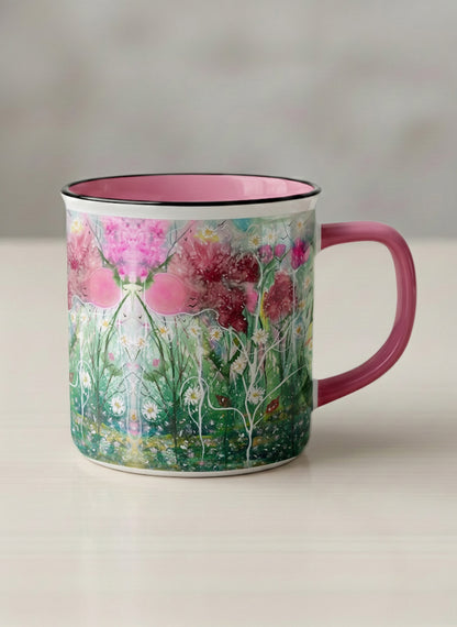 Enamel Mug | Nature’s waking up mug shows a floral design with colorful blossoms and lush greenery by Renee Pupetz - Gallery By Inhesion