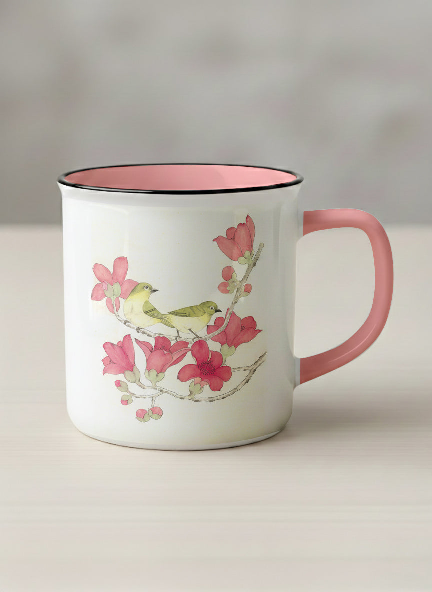 Enamel Mug | Forever Love mug with watercolor birds on branch with pink flowers by Alice Wong - Gallery By Inhesion