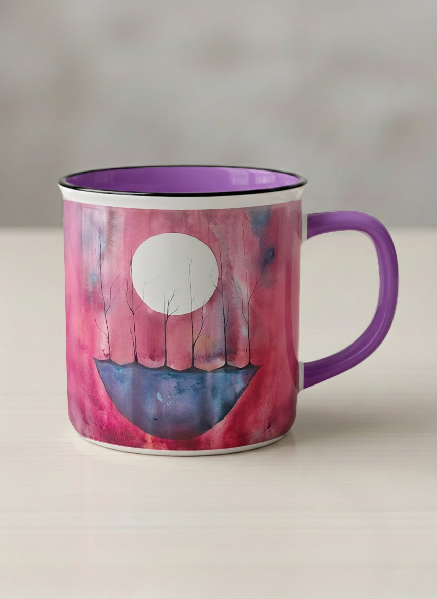 Enamel mug | Sail the Moon mug with watercolor night scene, boat silhouette, trees and full moon, purple handle and interior by Renee Pupetz - Gallery By Inhesion
