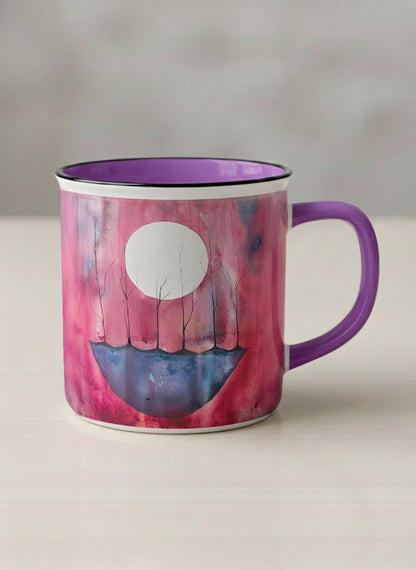 Enamel mug | Sail the Moon mug with watercolor night scene, boat silhouette, trees and full moon, purple handle and interior by Renee Pupetz - Gallery By Inhesion