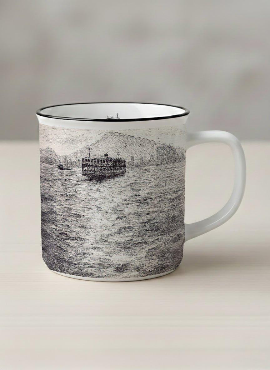 Enamel Mug | Shimmering Passage mug showing a pen drawing Star Ferry in Hong Kong by Samuel Kwok - Gallery By Inhesion
