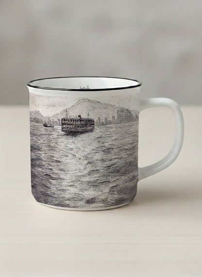 Enamel Mug | Shimmering Passage mug showing a pen drawing Star Ferry in Hong Kong by Samuel Kwok - Gallery By Inhesion