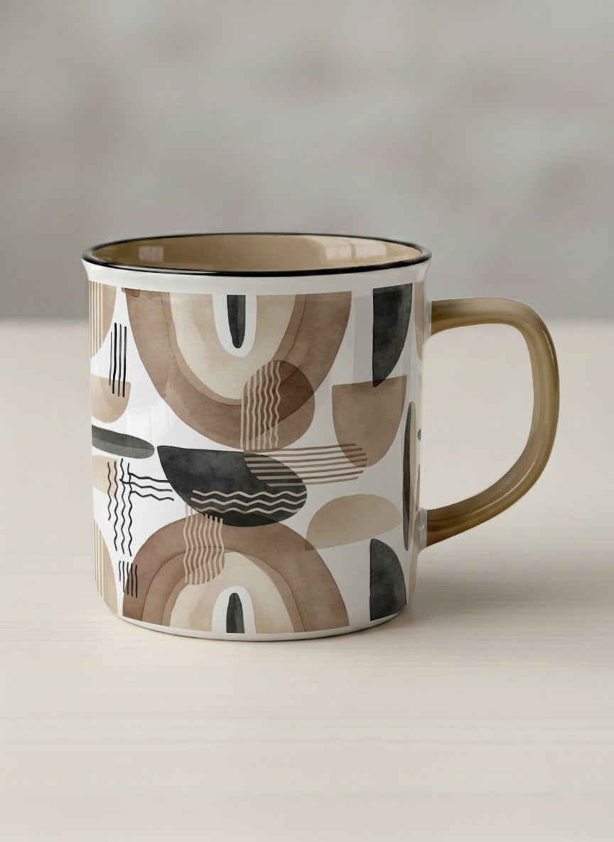 Enamel Mug | Organic Shades mug, earthy beige and charcoal abstract shapes, cream interior, olive handle, by Alan CL Lee - Gallery By Inhesion