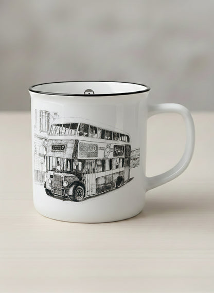 Enamel Mug | Lines of the Past mug showing a pen drawing bus in Hong Kong by Samuel Kwok - Gallery By Inhesion