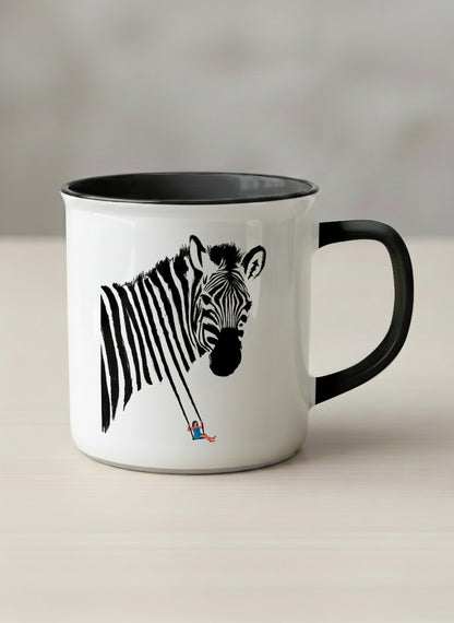 Enamel Mug | Swinging between reality and illusion mug with a zebra illustration and a person swinging under it by Tang Yau Hoong - Gallery By Inhesion