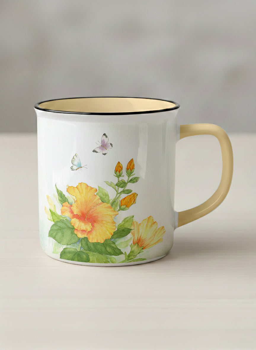 Enamel Mug | Butterfly Lovers mug with watercolor butterflies and vibrant yellow/orange flowers by Alice Wong - Gallery By Inhesion