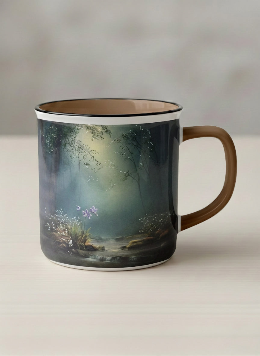 Enamel mug | Serenity Stream mug, an enchanted forest with glowing light filtering through misty teal trees and wildflowers by a stream, warm olive interior and handle, by Karina Mosser - Gallery By Inhesion