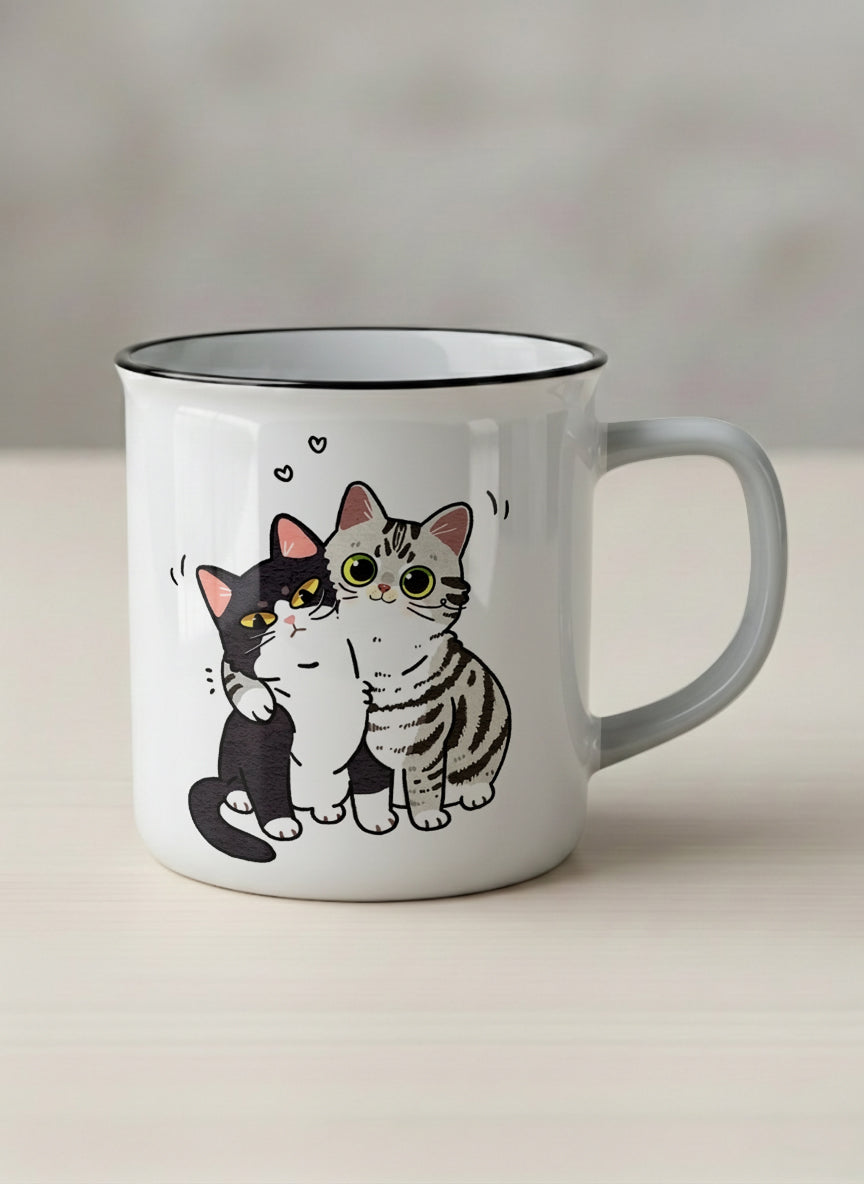enamel Mug | Best Buddies mug small tuxedo cat leaning into a chubby tabby with tiny floating hearts, sage interior, by Hyun Jung Cho