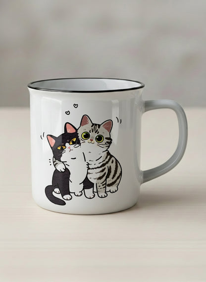 enamel Mug | Best Buddies mug small tuxedo cat leaning into a chubby tabby with tiny floating hearts, sage interior, by Hyun Jung Cho