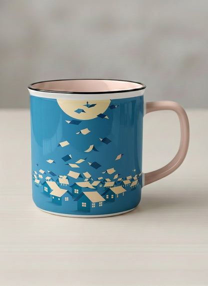 Enamel Mug | House of Wings mug with whimsical house roof flying over a night cityscape by Tang Yau Hoong - Gallery By Inhesion