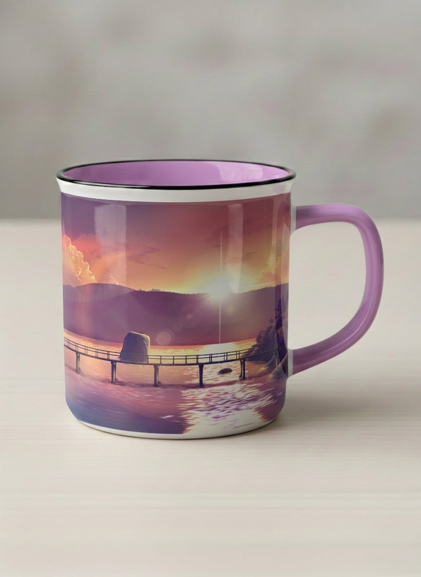 Enamel Mug | Gaze into the Golden Hour mug glowing sunset over a lakeside pier in warm amber and violet, soft lilac interior, by Samuel Kwok Gallery By Inhesion