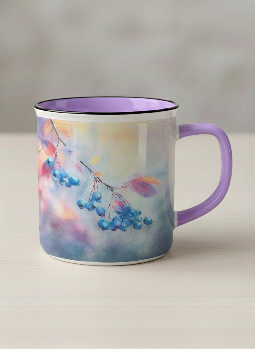 enamel mug | Frosted Morning mug, vivid blue berries and autumn leaves drifting across a dreamy pastel rainbow wash, soft lavender interior and handle, by Karina Mosser - Gallery By Inhesion