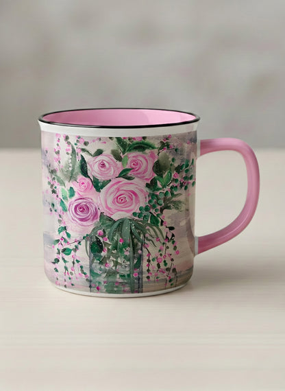 Enamel Mug | Pink Roses in a Jar mug showing painted pink roses and greenery on a light background design by Renee Pupetz - Gallery By Inhesion