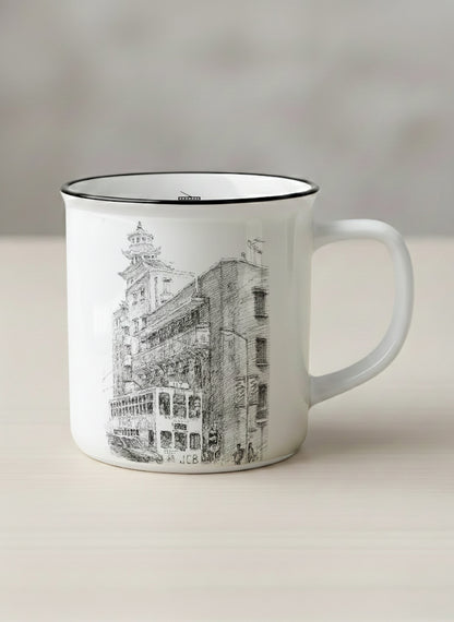 Enamel Mug | Tramway Through Time mug showing a sketch of streets and tram in Hong Kong by Samuel Kwok - Gallery By Inhesion