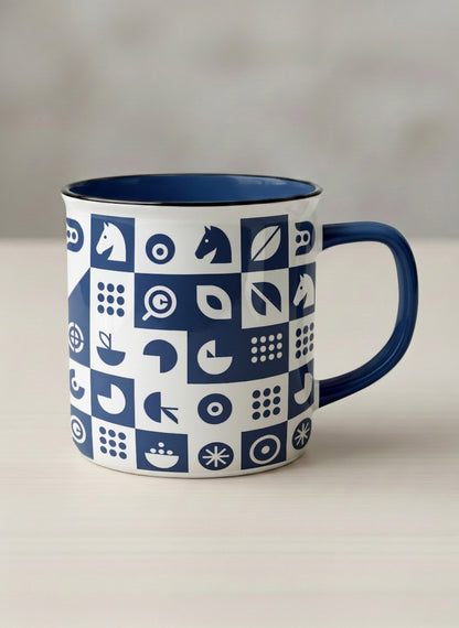 Enamel Mug | Multiversal Sigils mug, navy and white checkerboard pattern with icons, blue interior and handle, by Alan CL Lee - Gallery By Inhesion