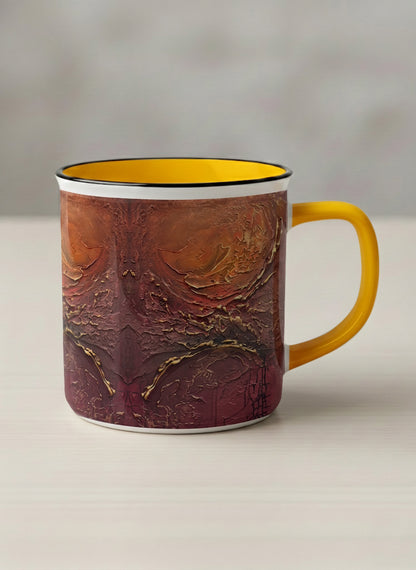Enamel Mug | Fiery Arabesque mug showing abstract marbled pattern in earthy brown, red, and gold tones by Mersedes Mein - Gallery By Inhesion