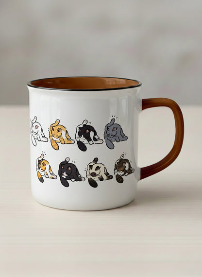 enamel Mug | The Grooming Club mug eight cats mid-stretch and self-groom in playful rows, soft grey interior and handle, by Hyun Jung Cho