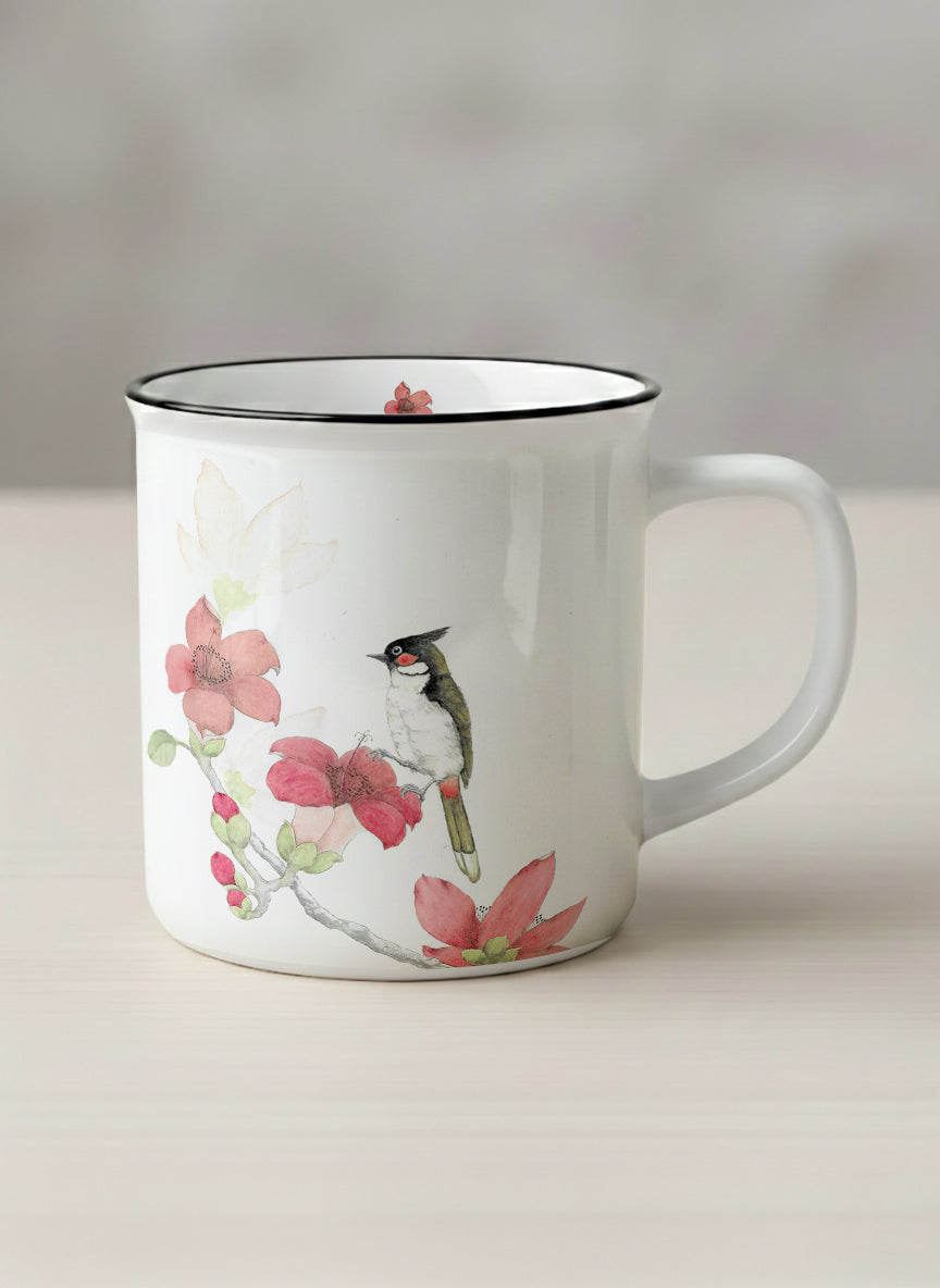 Enamel Mug | The Radiance of Red Kapok mug with watercolor illustration of a red bird and pink flowers artwork by Alice Wong - Gallery By Inhesion