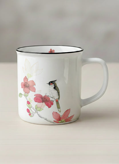 Enamel Mug | The Radiance of Red Kapok mug with watercolor illustration of a red bird and pink flowers artwork by Alice Wong - Gallery By Inhesion