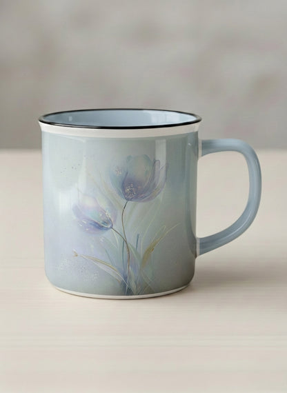 enamel mug | Glass Petals mug, a delicate translucent poppy bloom emerging from a soft misty blue-grey wash, matching powder blue interior and handle, by Karina Mosser - Gallery By Inhesion