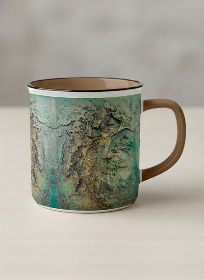 Enamel Mug | Green textured mug with earthy, weathered pattern and brown handle on a light surface by Mersedes Mein - Gallery By Inhesion