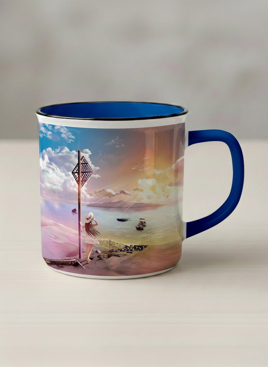 Enamel Mug | The Shore of Summer Longing mug showing a scenic beach illustration with a girl and a sunset by Samuel Kwok - Gallery By Inhesion