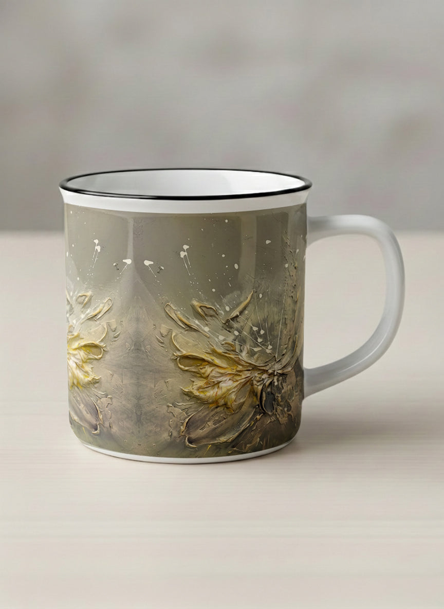 Enamel Mug | Awakening mug showing textured floral design in muted grey-gold tones by Mersedes Mein - Gallery By Inhesion
