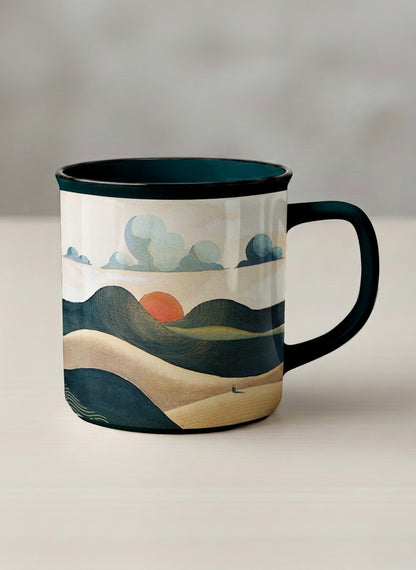 Enamel mug | Share a Sunset mug a lone figure walking through rolling sand dunes beneath a glowing orange sun and layered teal clouds, deep teal interior and handle, by KikaG - Gallery By Inhesion