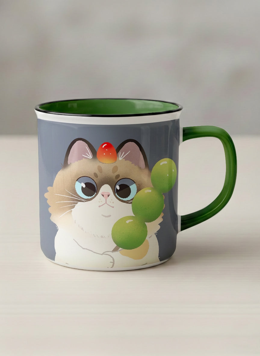 Enamel Mug | My Shiny Treat mug grumpy fluffy cat clutching green grapes, tiny red mushroom hat, slate blue background, green interior, by Hyun Jung Cho