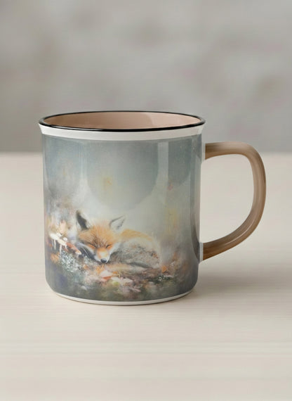 Enamel mug | Lullaby mug, sleeping fox curled in a soft misty meadow, warm terracotta interior and handle, by Karina Mosser - Gallery By Inhesion