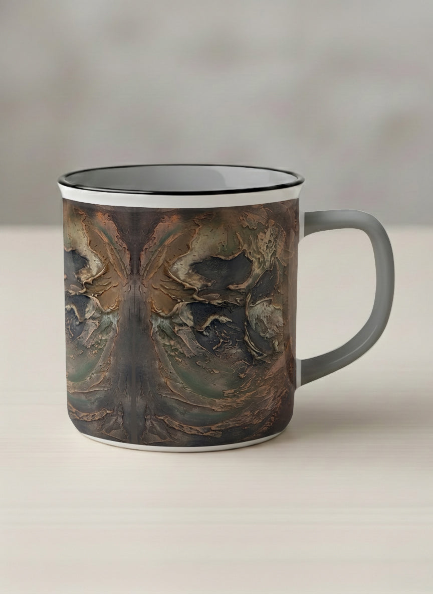 Enamel Mug | Memories of The Soul mug featuring abstract earth tones and natural patterns by Mersedes Mein - Gallery By Inhesion