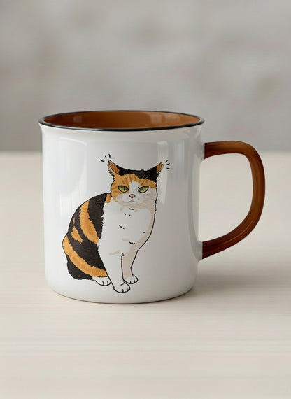 enamel Mug | Spicy Calico mug grumpy calico cat with piercing green eyes and ruffled fur, dark chocolate interior, by Hyun Jung Cho