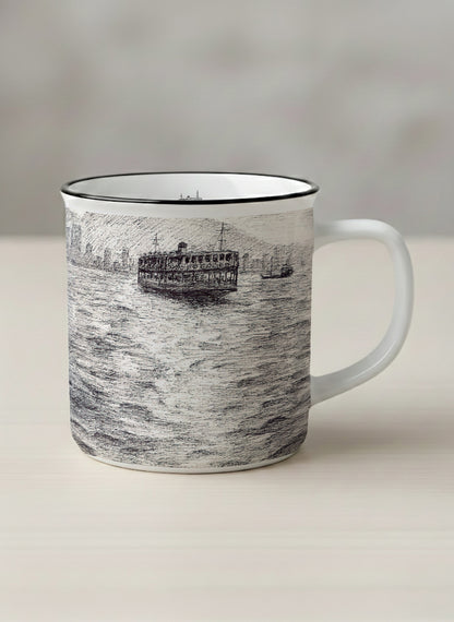 Enamel Mug | Shimmering Passage mug showing a pen drawing Star Ferry in Hong Kong by Samuel Kwok - Gallery By Inhesion