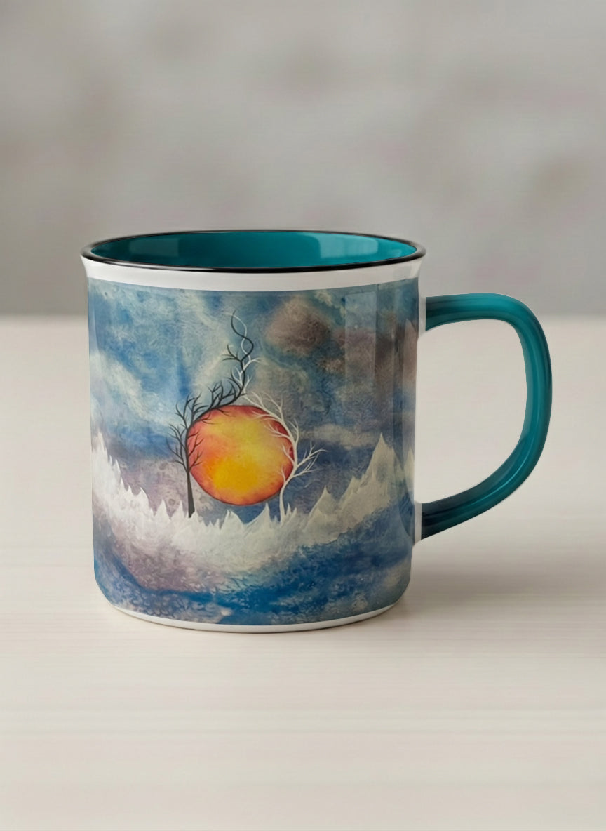 Enamel Mug | Sun Rise mug with a colorful sun rise over a misty landscape and abstract trees by Renee Pupetz - Gallery By Inhesion