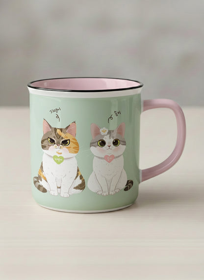 Enamel Mug | The Perfect Pair mug two cats with Korean name tags and bow ties on mint green, blush pink interior, by Hyun Jung Cho