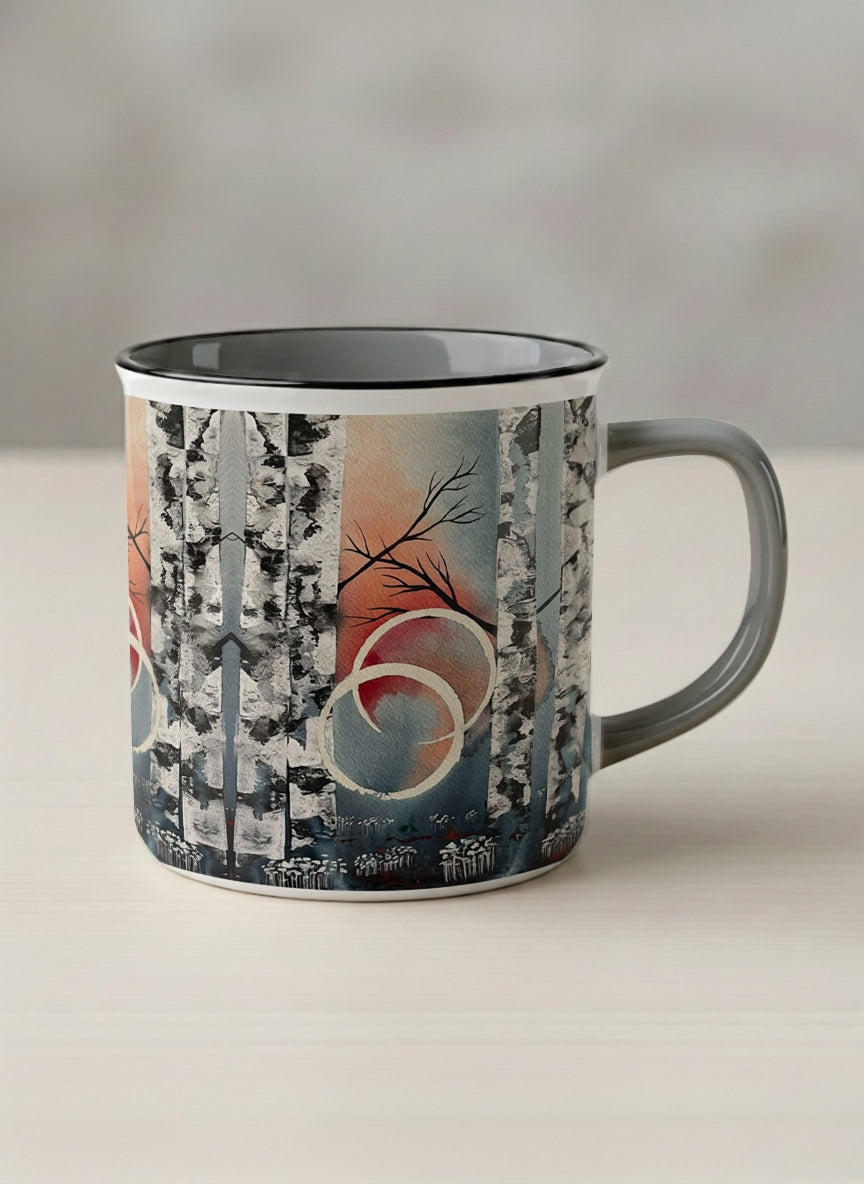 Enamel Mug | Rings of Light mug with sun and tree, and soft pastel colors design by Renee Pupetz - Gallery By Inhesion