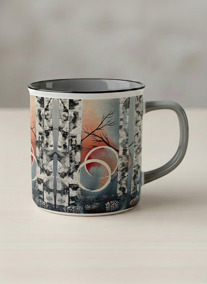 Enamel Mug | Rings of Light mug with sun and tree, and soft pastel colors design by Renee Pupetz - Gallery By Inhesion