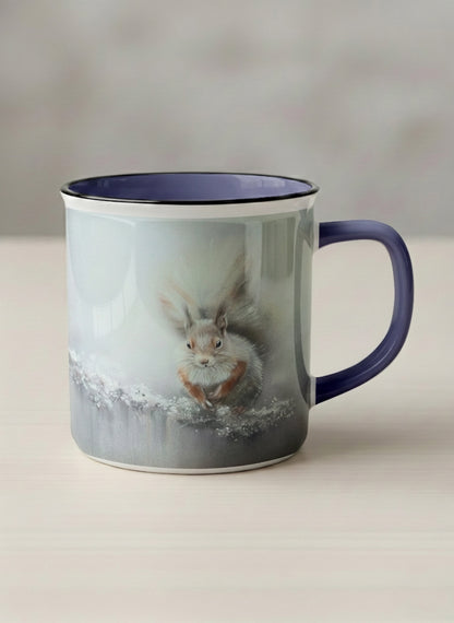 Enamel mug | Caught in Frost mug, wide-eyed squirrel emerging from a misty winter ground, slate blue interior and handle, by Karina Mosser - Gallery By Inhesion
