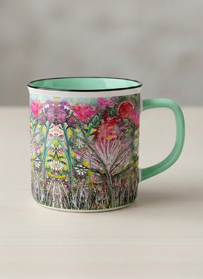 Enamel Mug | Garden Mantra mug with a vibrant floral design and colorful abstract pattern by Renee Pupetz - Gallery By Inhesion