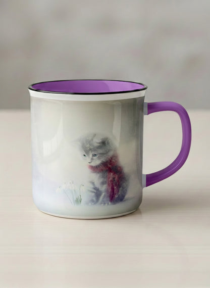 Enamel mug | Waiting for Spring mug, a tiny kitten in a burgundy scarf sitting in a soft misty meadow, dusty rose interior and handle, by Karina Mosser - Gallery By Inhesion