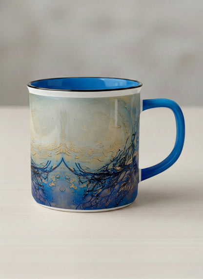 Enamel Mug | Touches of depth mug showing abstract pattern in blue, white, and gold by Mersedes Mein - Gallery By Inhesion